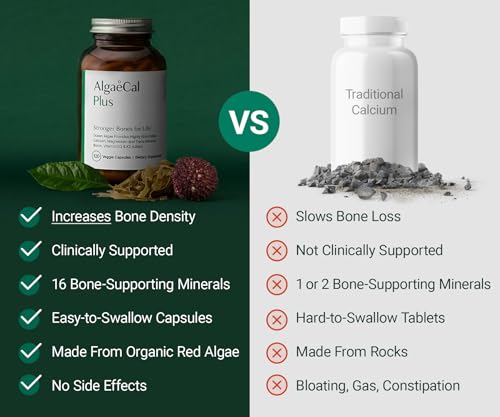 AlgaeCal®  Plus Organic Red Algae Calcium – Complete Bone Density Support with Vitamin K2 MK7, Vitamin D3, Magnesium & Essential Trace Minerals – 120 Vegetarian Capsules