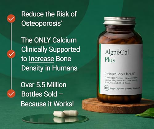 AlgaeCal®  Plus Organic Red Algae Calcium – Complete Bone Density Support with Vitamin K2 MK7, Vitamin D3, Magnesium & Essential Trace Minerals – 120 Vegetarian Capsules