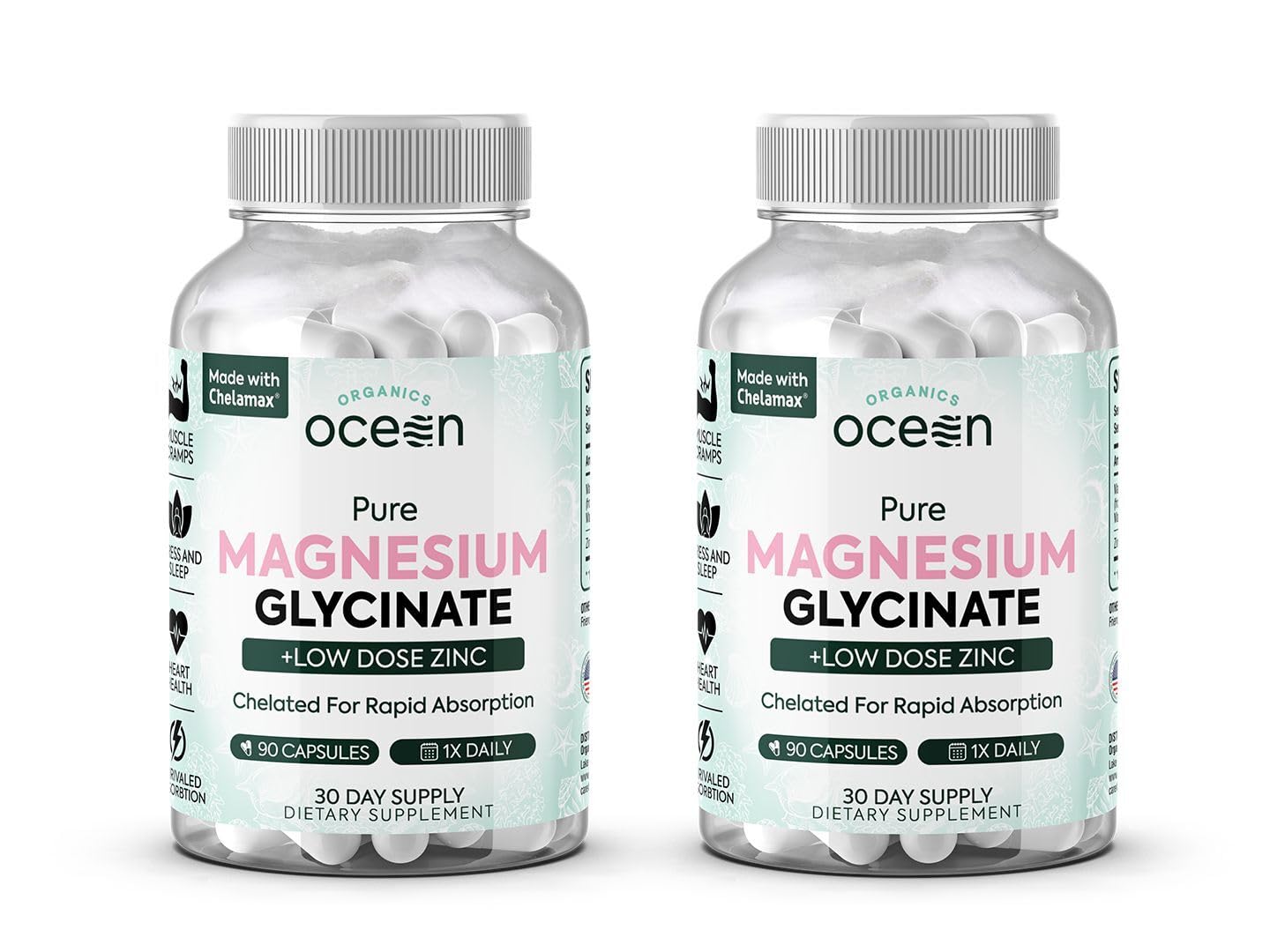 Organics Ocean Pure Magnesium Glycinate with Zinc - Maximum Strength Chelated Magnesium Supplement for Women and Men for Muscle Cramps and Sleep Support - 90 Capsule