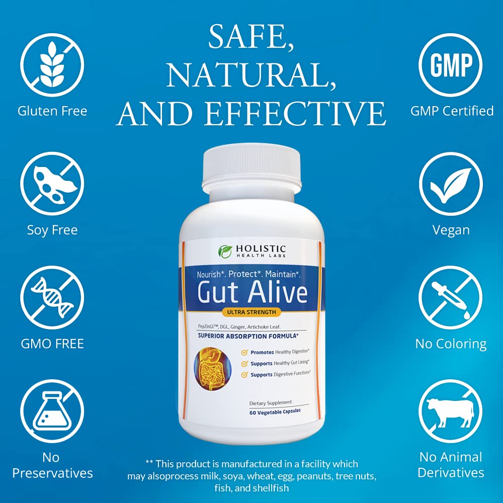 Gut Alive - All Natural Support to Fight IBS, Heartburn, Acid Indigestion, Acid Reflux, Bloating & Gas. Unique Formulation (60 Count )
