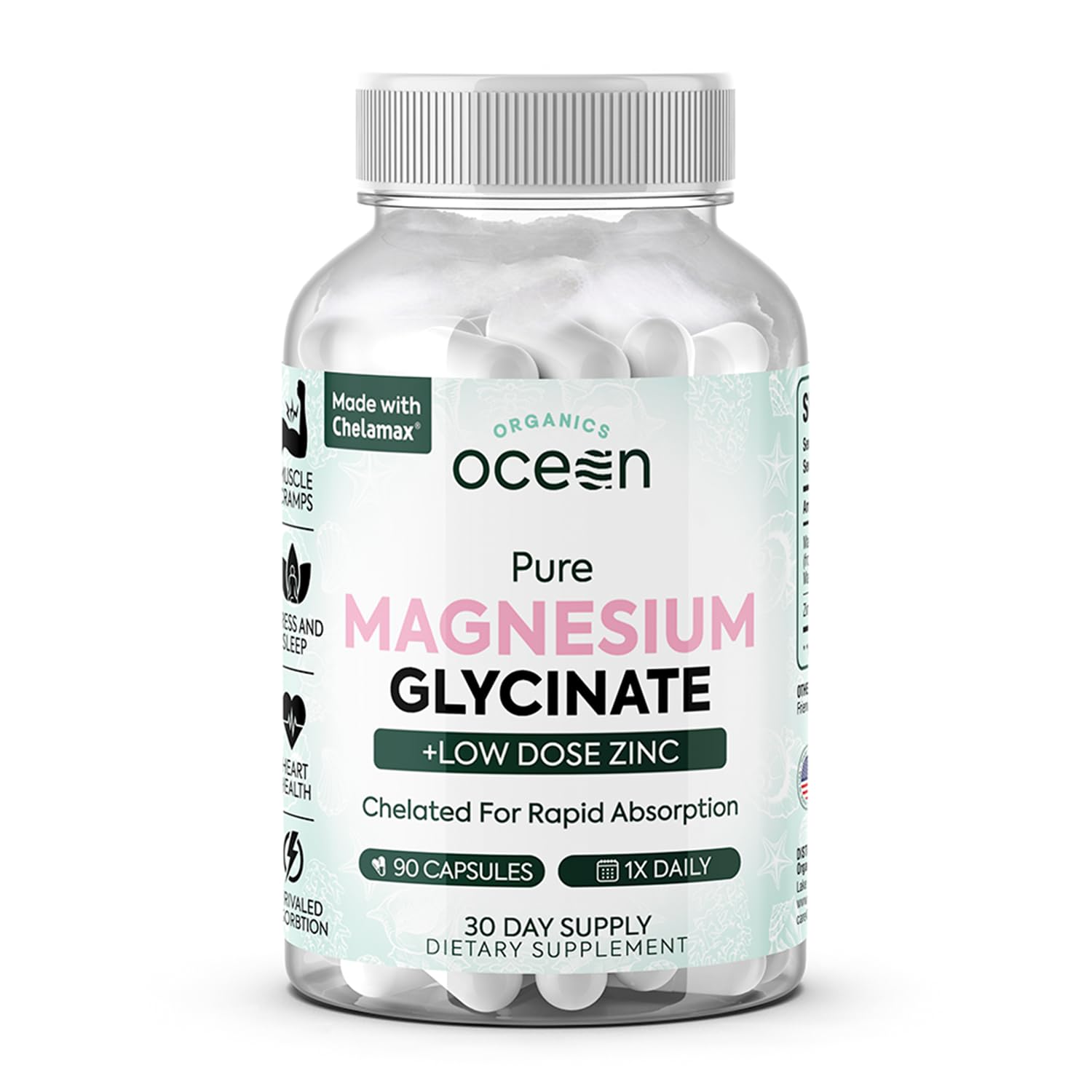 Organics Ocean Pure Magnesium Glycinate with Zinc - Maximum Strength Chelated Magnesium Supplement for Women and Men for Muscle Cramps and Sleep Support - 90 Capsule
