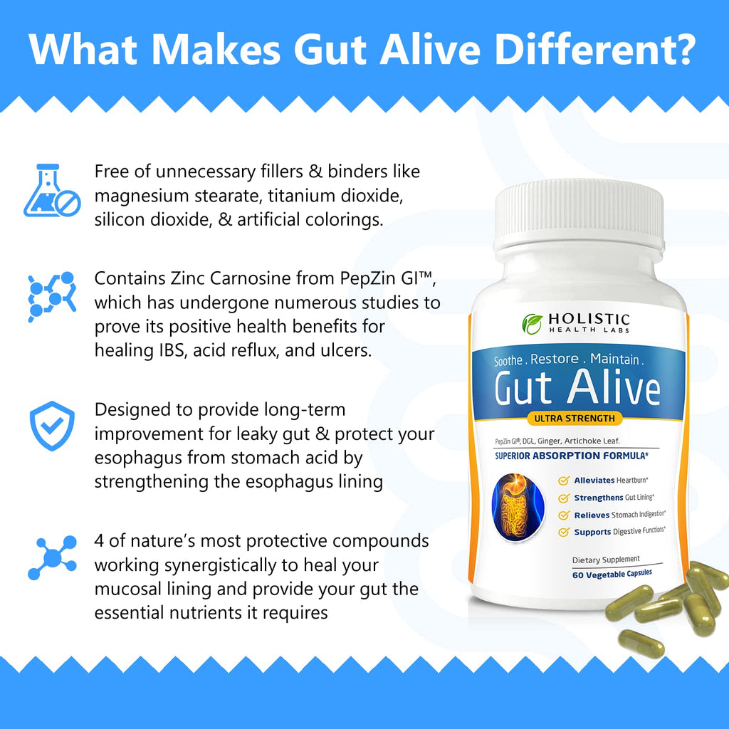 Gut Alive - All Natural Support to Fight IBS, Heartburn, Acid Indigestion, Acid Reflux, Bloating & Gas. Unique Formulation (60 Count )