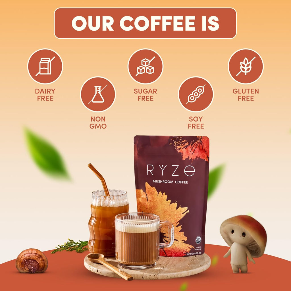 RYZE Mushroom Coffee USDA Organic with 6 Adaptogenic Mushrooms and MCT Oil, USA Grown Instant Coffee for Better Energy, Focus, Digestion, Immunity with Lions Mane & Turkey Tail, 30 servings