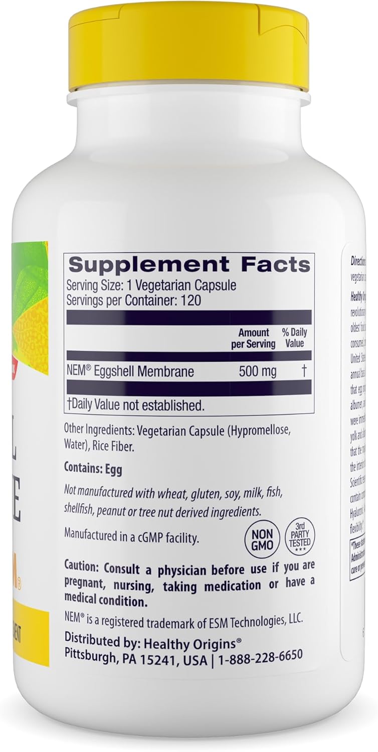 Healthy Origins Eggshell Membrane 500 mg (NEM, Non-GMO, Gluten Free, Joint Support), 120 Veggie Caps