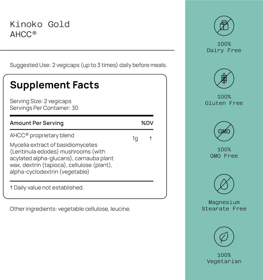 Quality of Life Premium Kinoko Gold AHCC Supplement, 500 mg per Capsule, Supports Immune Health, Liver Function, Maintains Natural Killer Cell Activity & Enhances Cytokine Production, 60 Veg Capsules