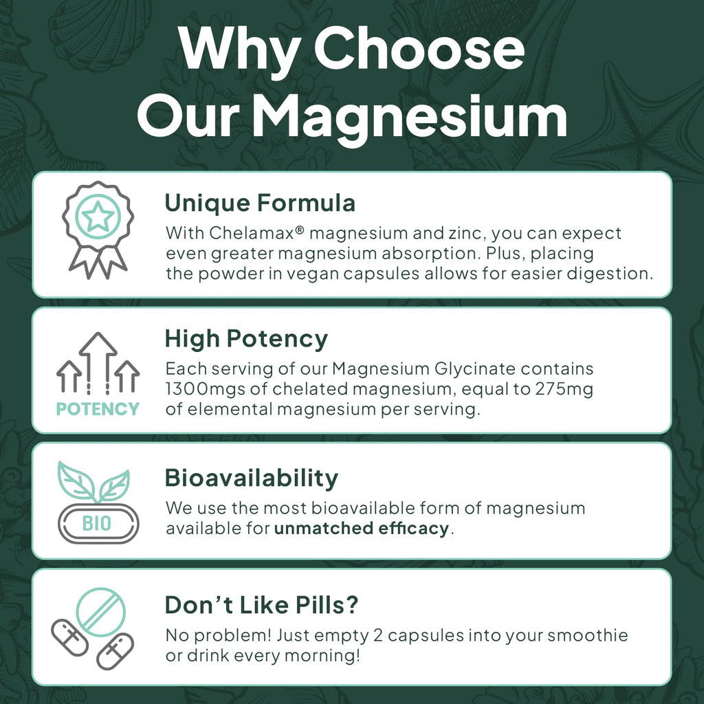 Organics Ocean Pure Magnesium Glycinate with Zinc - Maximum Strength Chelated Magnesium Supplement for Women and Men for Muscle Cramps and Sleep Support - 90 Capsule