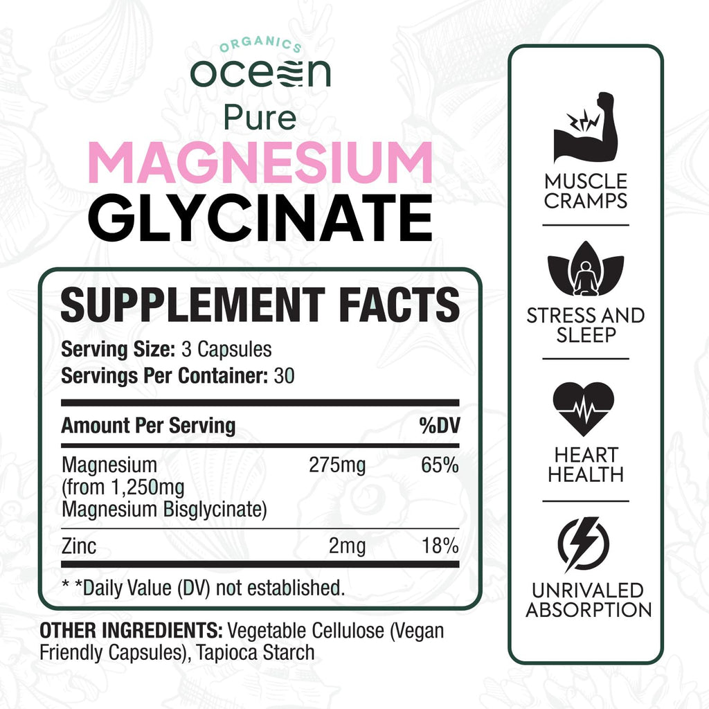 Organics Ocean Pure Magnesium Glycinate with Zinc - Maximum Strength Chelated Magnesium Supplement for Women and Men for Muscle Cramps and Sleep Support - 90 Capsule