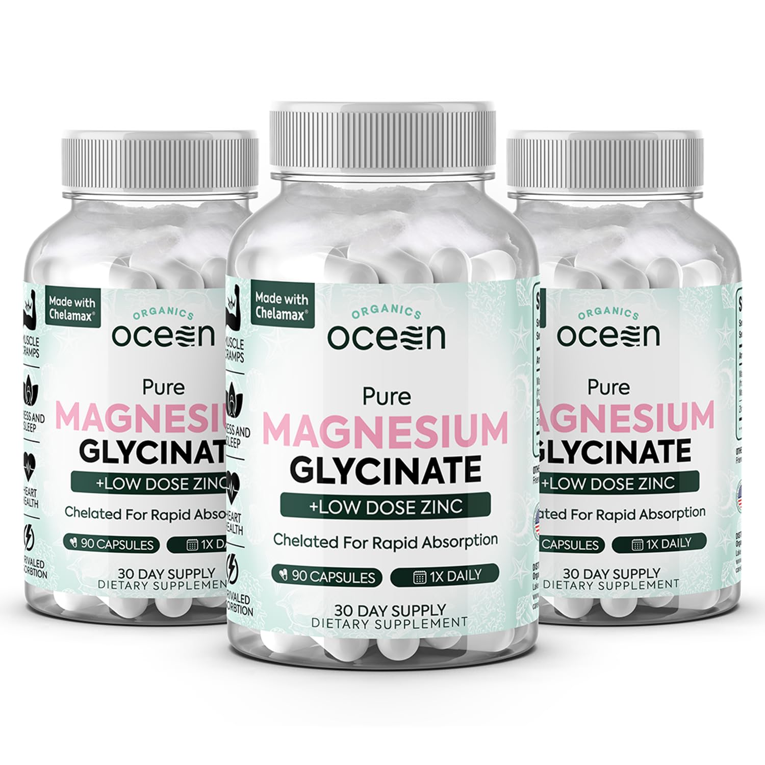 Organics Ocean Pure Magnesium Glycinate with Zinc - Maximum Strength Chelated Magnesium Supplement for Women and Men for Muscle Cramps and Sleep Support - 90 Capsule