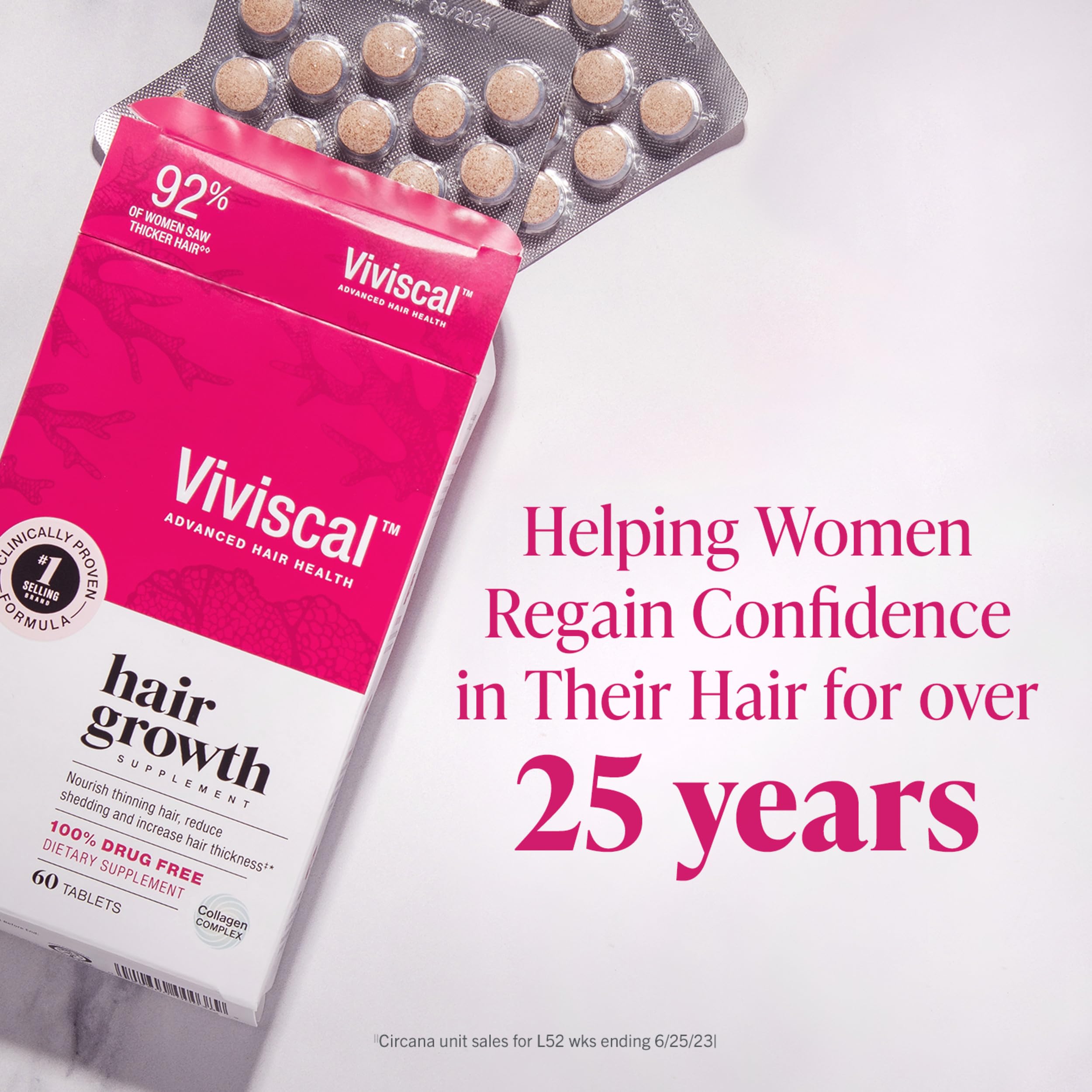 Viviscal Hair Growth Supplements for Women, Thicker Fuller Hair Support for Thinning Hair and Hair Loss, with Biotin and Marine Collagen, Drug-Free, 180 Tablets, 90-Day Supply