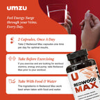 UMZU Redwood Max Nitric Oxide Booster, Blood Flow & Circulation Support for Men & Women, Energy, Stamina & Recovery – Heart & Varicose Vein Supplement – 2 Capsules Daily – 60 Count