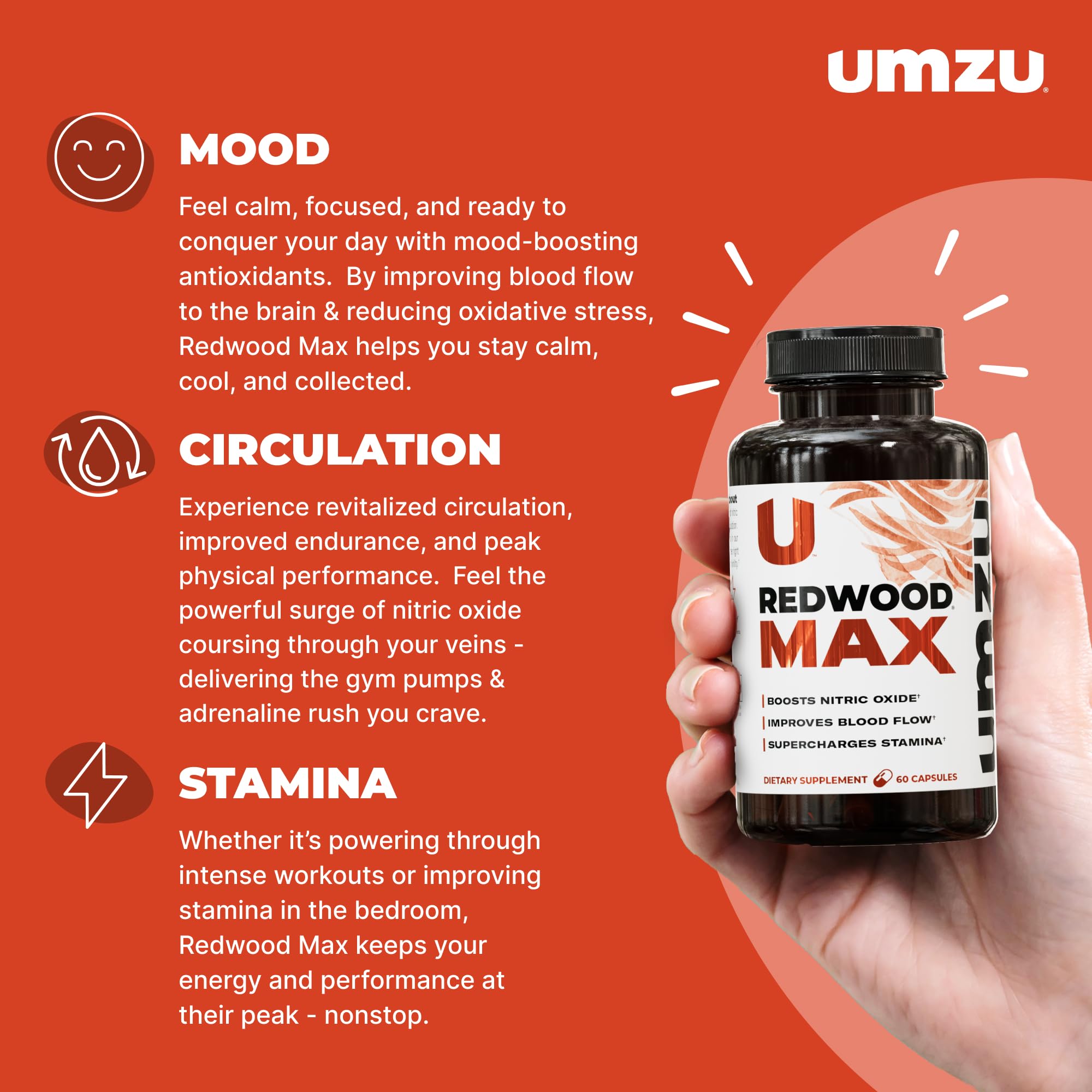 UMZU Redwood Max Nitric Oxide Booster, Blood Flow & Circulation Support for Men & Women, Energy, Stamina & Recovery – Heart & Varicose Vein Supplement – 2 Capsules Daily – 60 Count