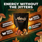 Morn's Mushroom Coffee package with autumn leaves and mushroom graphics on a dark green background.