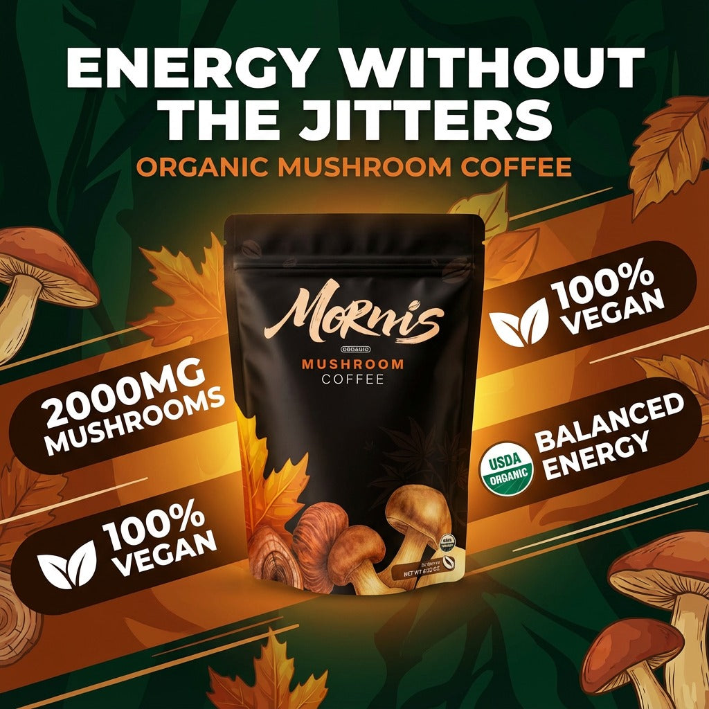 Morn's Mushroom Coffee package with autumn leaves and mushroom graphics on a dark green background.