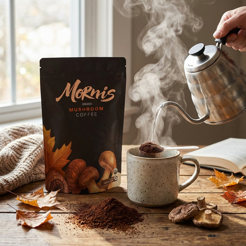Morn's mushroom coffee package with a steaming cup and kettle on a wooden surface.