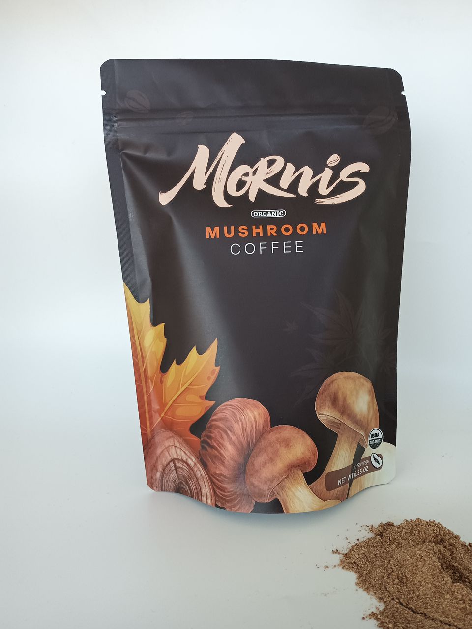 Mornis Mushroom Coffee package with coffee powder on a white background