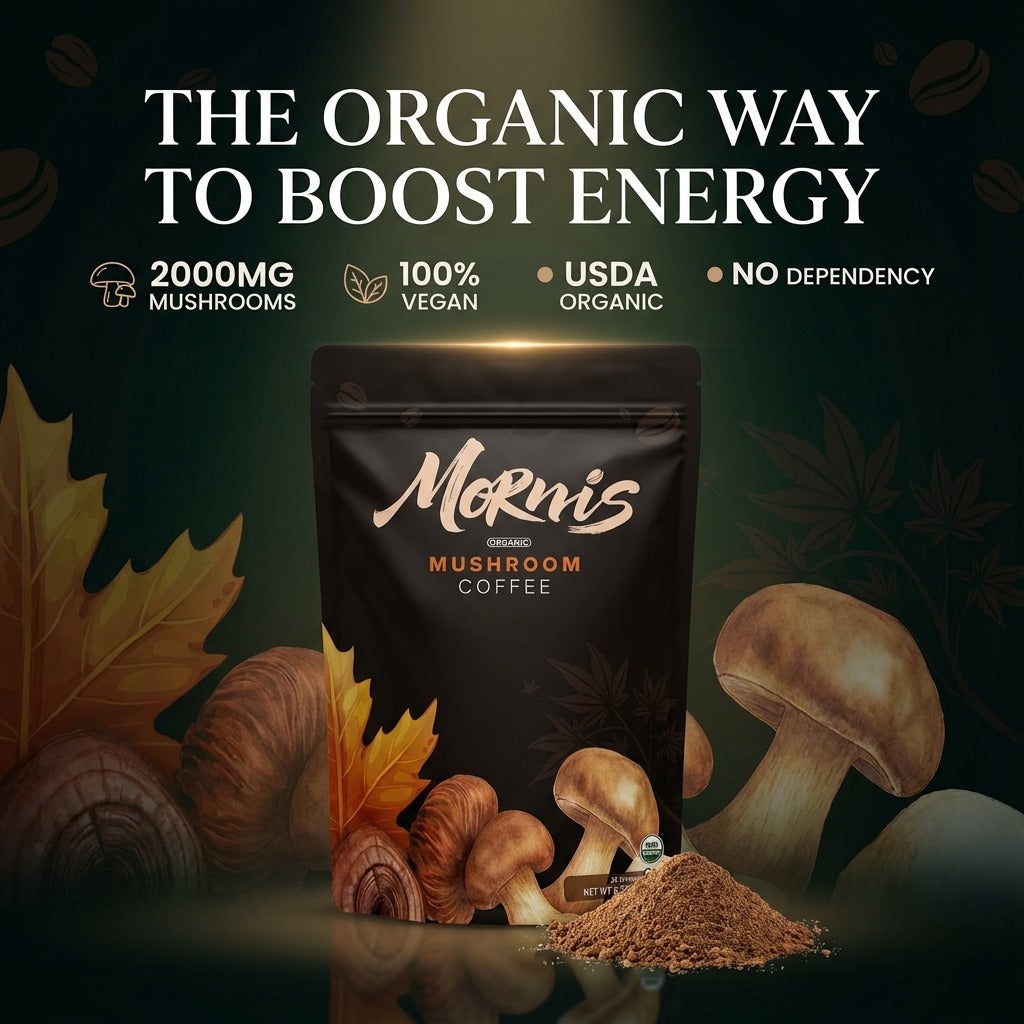 Morris Organic Mushroom Coffee package with promotional text on a dark background