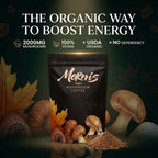 Morris Organic Mushroom Coffee package with promotional text on a dark background