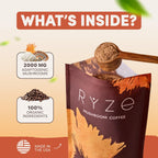 Ryze Mushroom Coffee package with text highlighting ingredients and branding